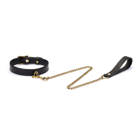 Crocodile-effect leather collar with gold-tone hardware