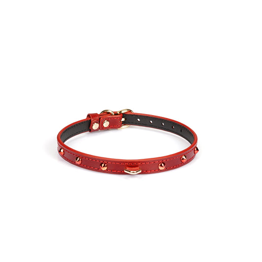 Thin Red Leather Collar with Rhinestones