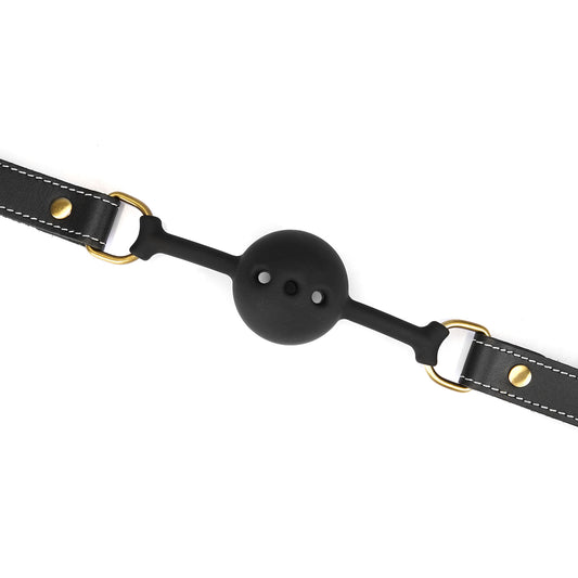 Rigid black leather Gag Ball with stitching