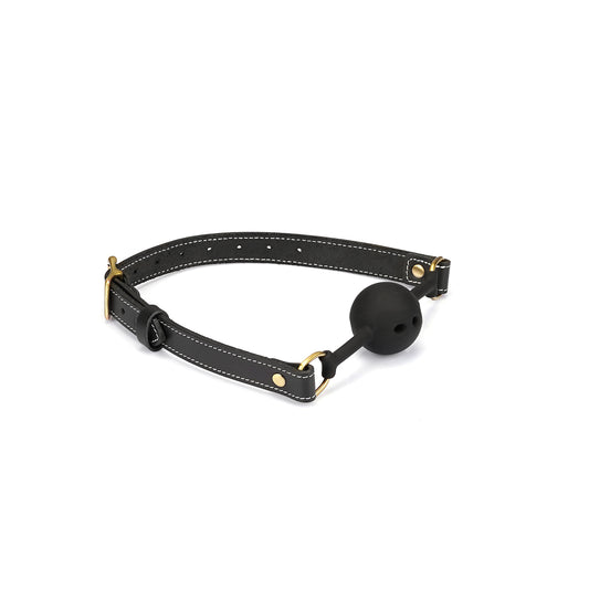 Rigid black leather Gag Ball with stitching